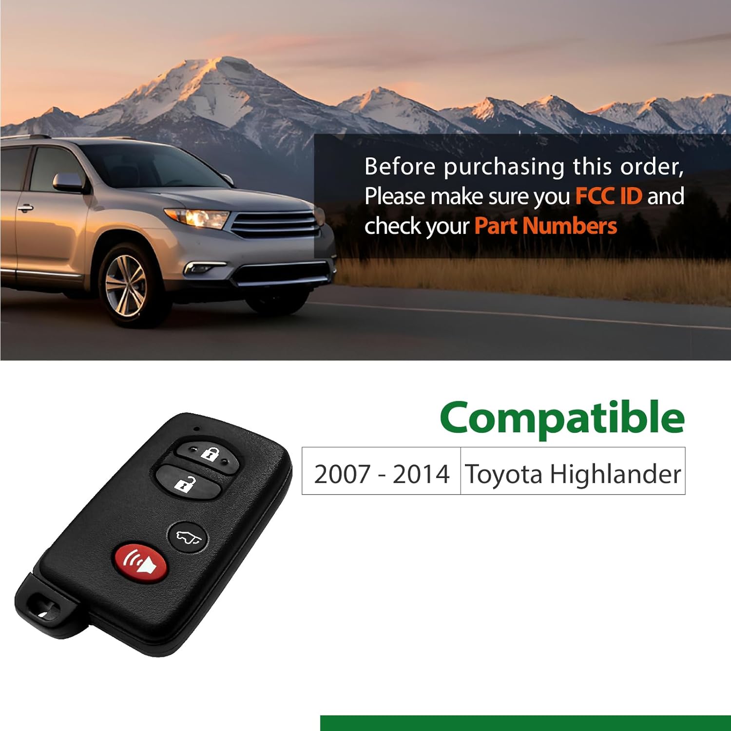 2 Keylessbest Replacement for 2009 2010 2011 2012 2013 2014 Smart Proximity Toyota Highlander GNE 0140 Board Key Fob HYQ14AAB 315MHz 4 Buttons