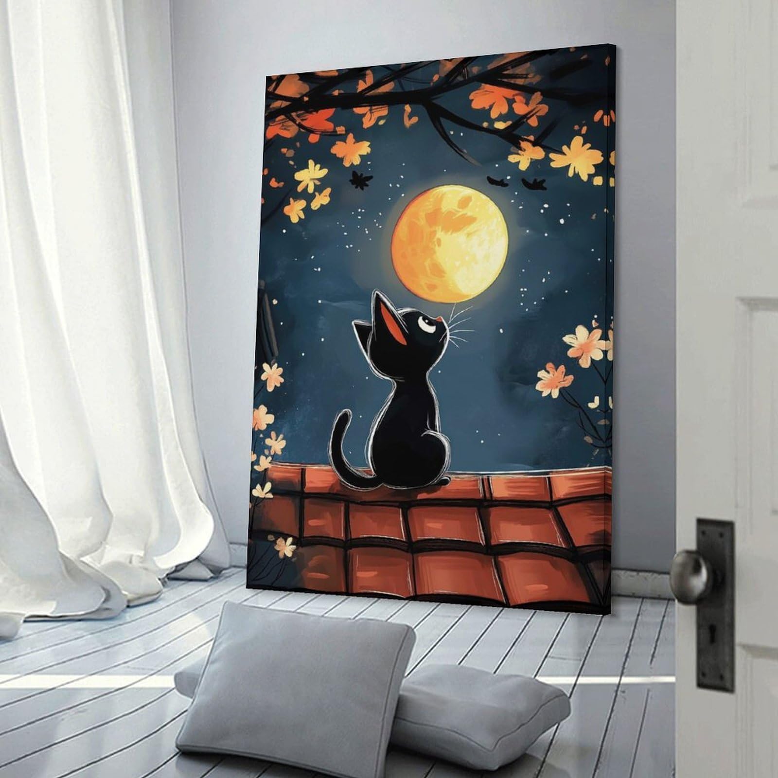 Junmoney Room Decor Wall Art Black Cat Moonlit Night, 16x24inch(40x60cm), for Entrance Spaces, Stair Walls Or Halls, Home Artwork for First Impressions