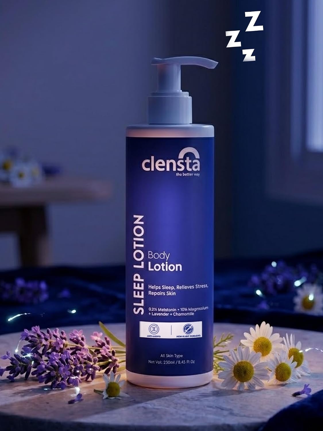 Clensta Sleep Body Lotion with Melatonin, Magnesium & Lavender Oil for Deep & Restful Sleep Promotes Muscle Recovery, Relieves Pain & Reduces Signs of Aging 250 ml