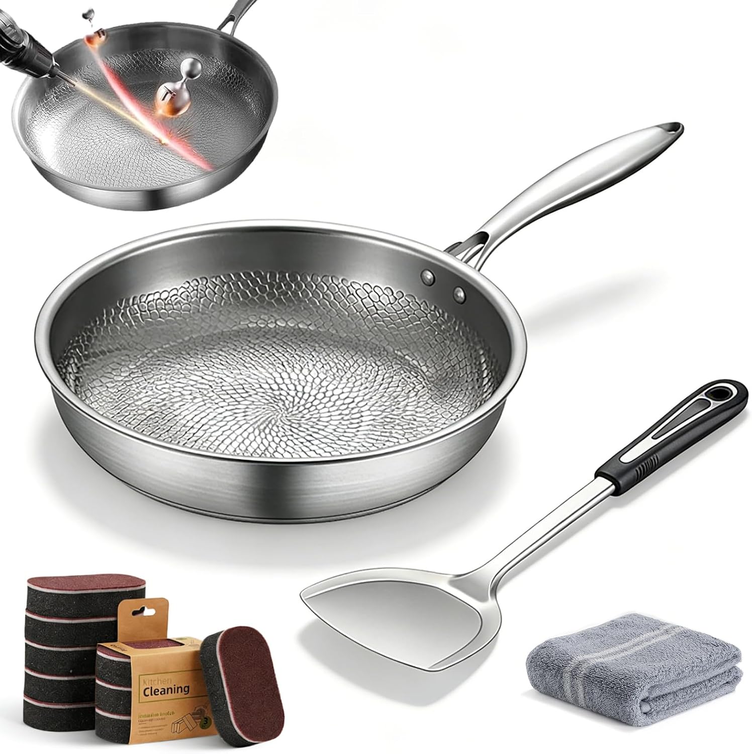 Titanium Pans for Cooking, 12" Titanium Hammered Pan Pro, No Coating Non-Stick Titaniums Cookware, Extreme Heat-Resistant & Even Heating for Induction Compatible Oven & Broiler Safe (With Lid, 11.8in)