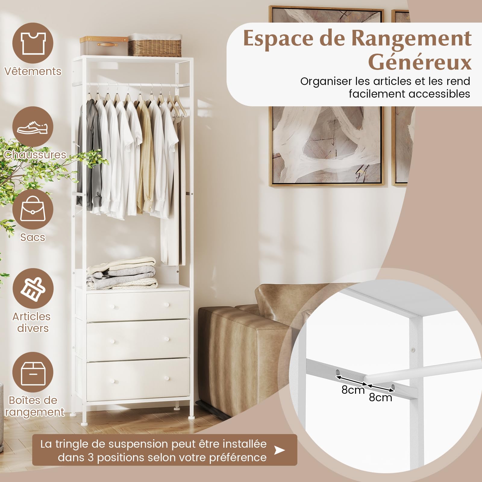 COSTWAY Porte Manteaux Entrée, Portant à Vêtement 3 Tiroirs Pliables, Tringle à 3 Positions, Vestiaire Petit Largeur 55cm, 1 Séparateur, Surface en PVC, Cadre en Métal, Kits Anti-Renversement(Blanc)