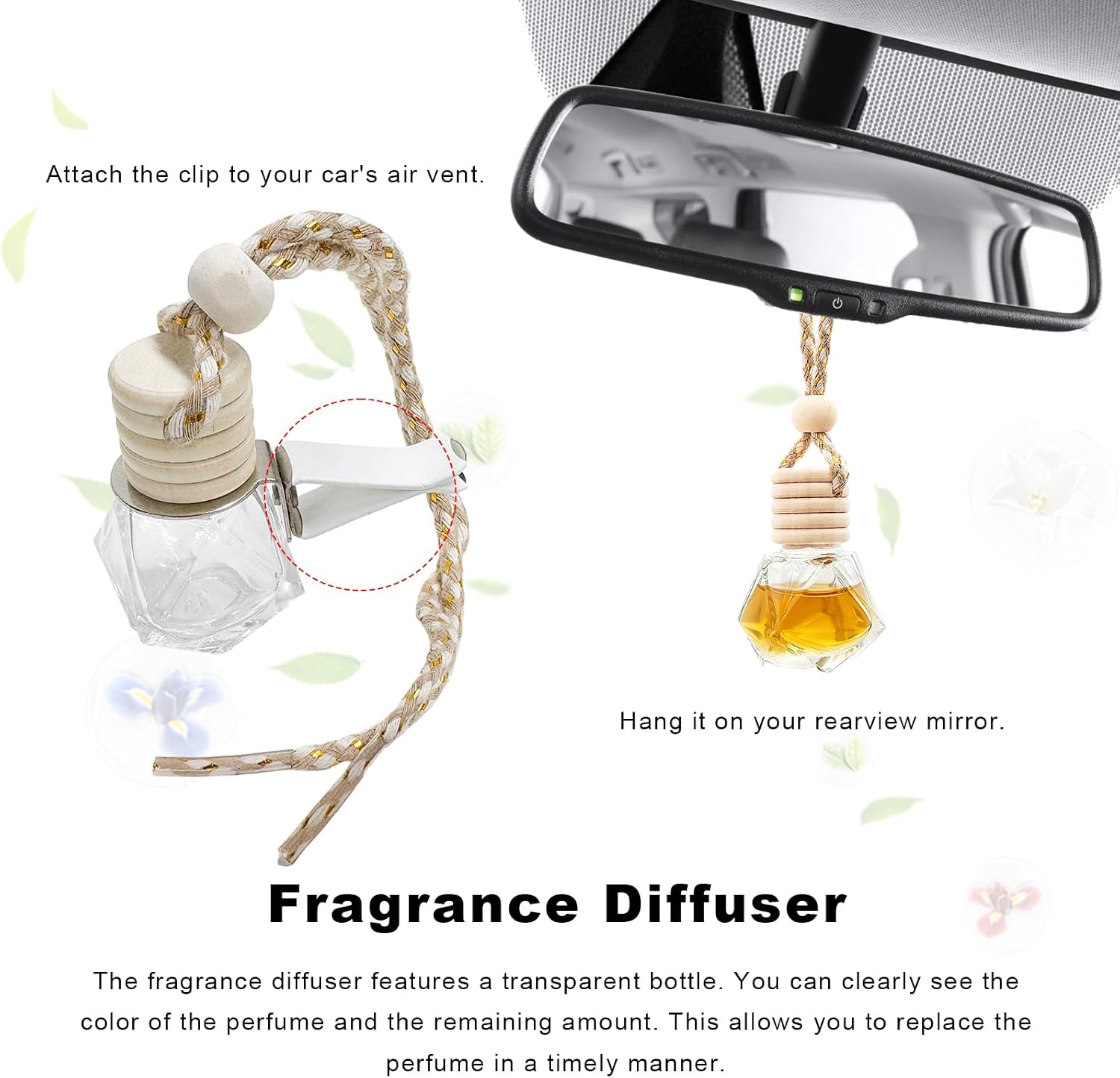 5 PCS 8ml Hanging Car Air Freshener, Transparent Glass Vehicle Perfume Bottles with Wooden Cap & Rope, Universal Empty Air Diffuser Fragrance Ornament for Cars Trucks SUVs (Rhombic)
