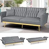 ACMEASE 70” Velvet Futon Sofa Bed with 2 Pillows and Adjustable Armrests, Convertible Sleeper Bed W/Adjustable Backrests, Modern Loveseat for Living Room, Bedroom, Light Grey