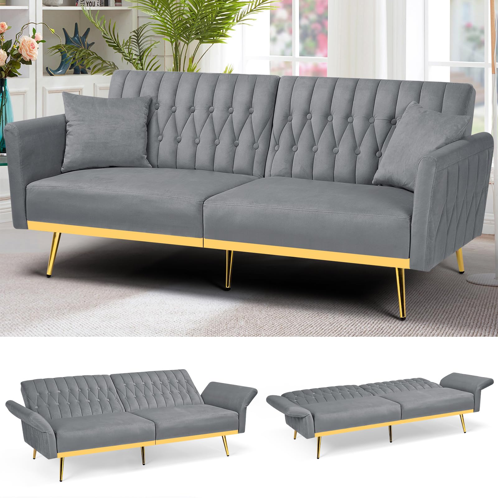 70in Velvet Futon Sofa Bed Light Grey