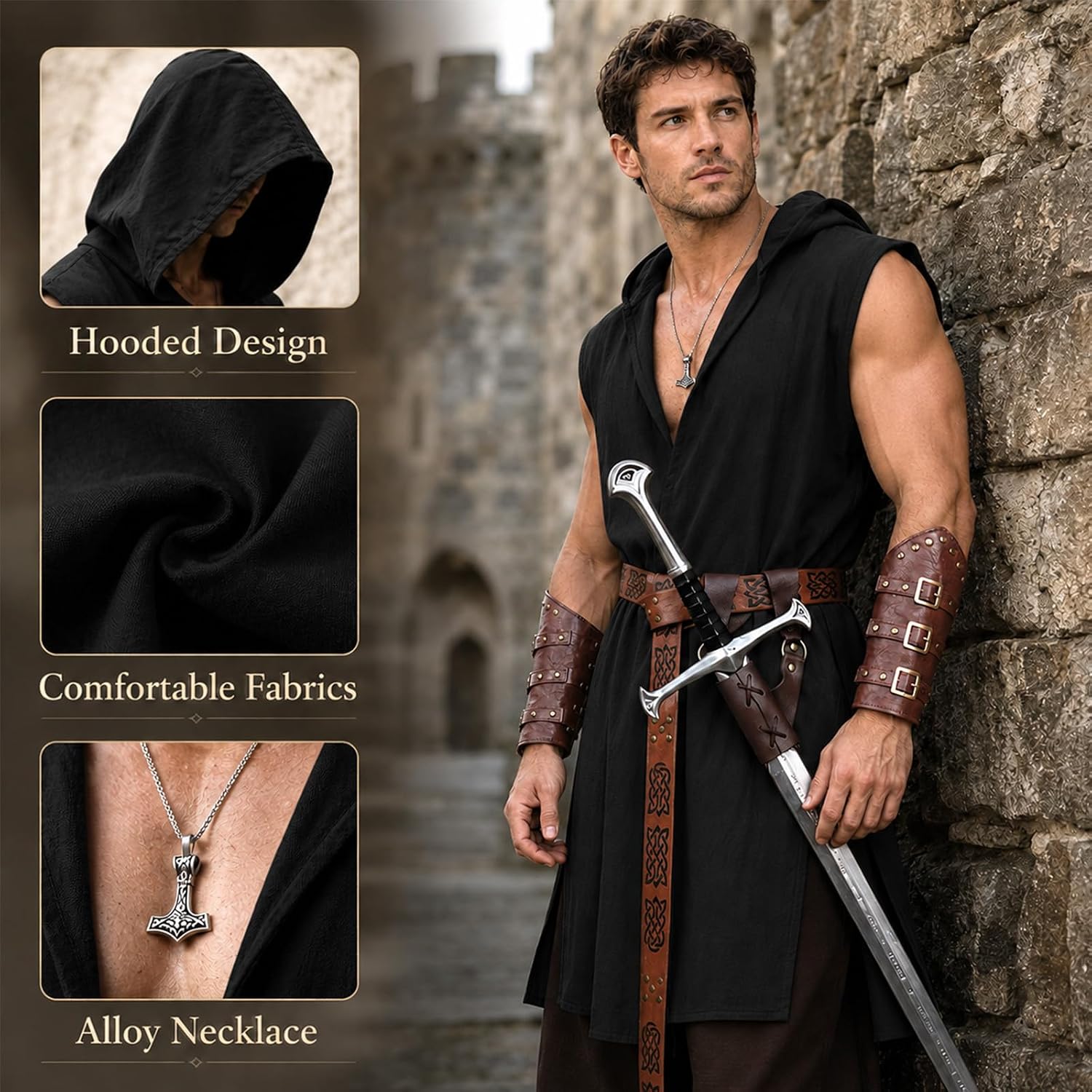 Men's Renaissance Costume,Medieval Hooded Sleeveless Surcoat Set