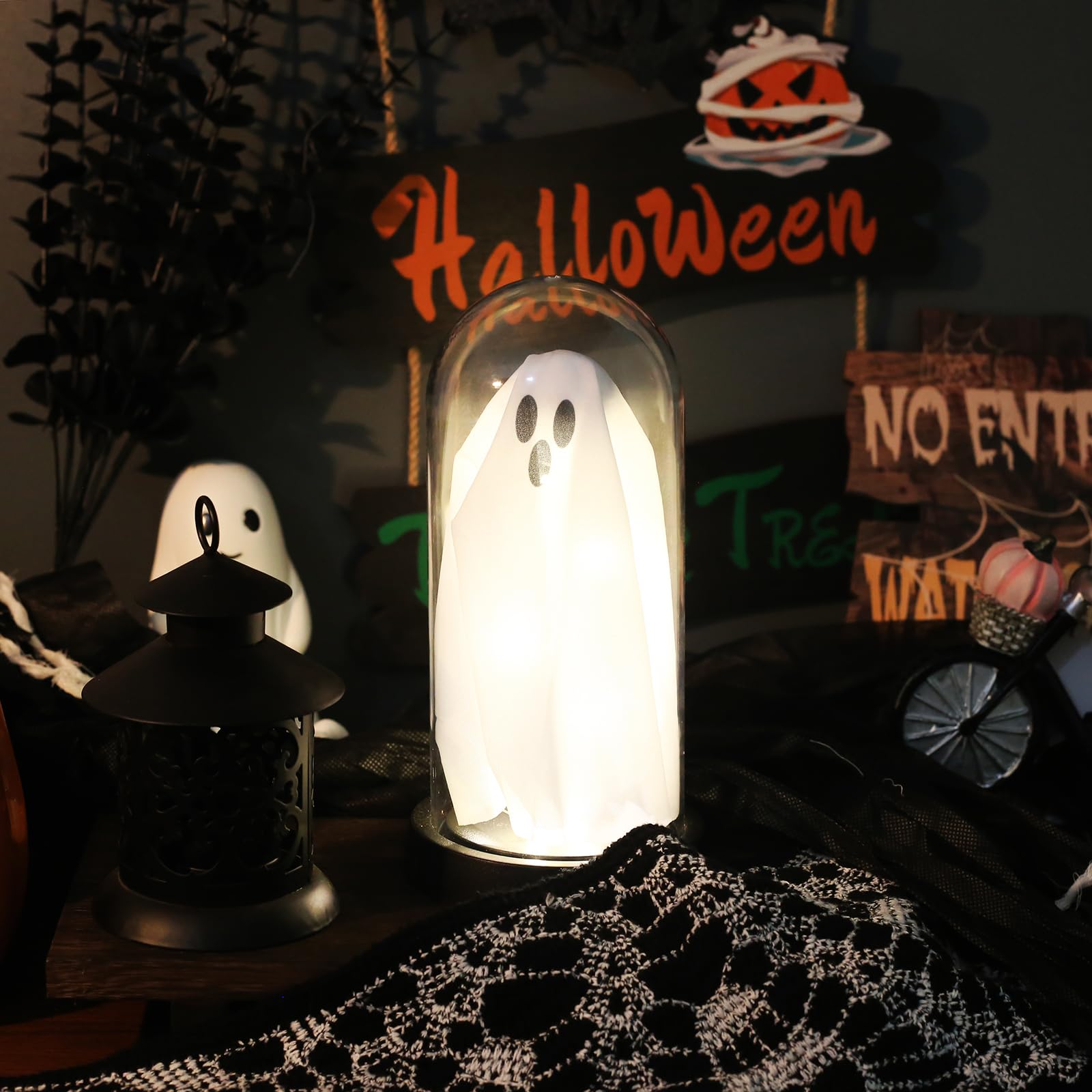 Dekoracja na Halloween rozświetlający duch w kopule klosz oświetlony duch do domu na kominek blat przyjęcie świąteczne dekoracje stołu dekoracje wewnętrzne