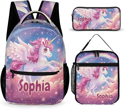 Watercolor Pink Unicorn Custom Backpack Set 3 Personalized with Name School Bag with Lunch Bag Pencil Case Customized Backpack for Girls Boys