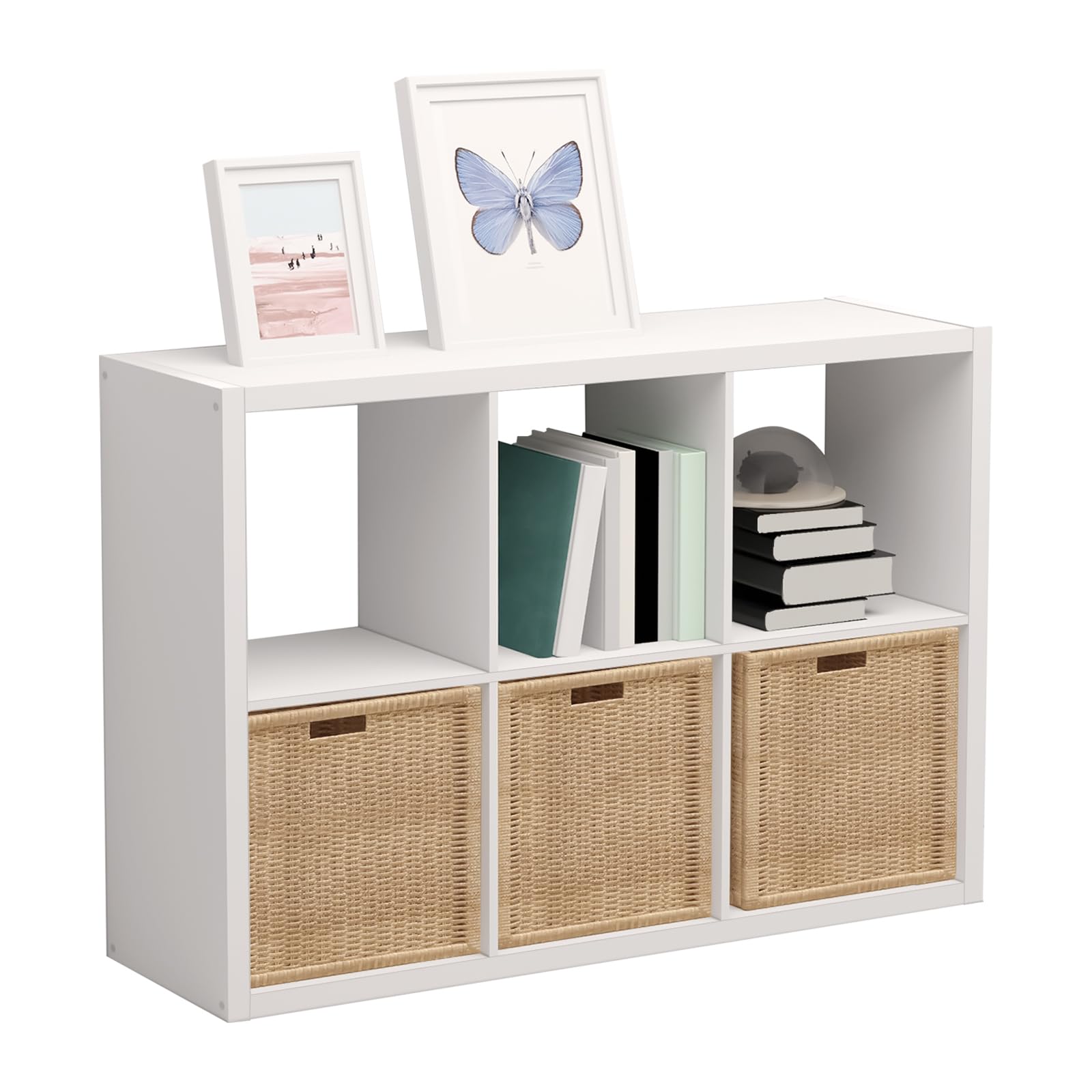 CTESNE【Wooden Thick Frame 6 Cube Storage Organizer Shelf with Anti-Tipping Kits + Reversible Open Back Bookcase, Horizontal and Vertical Dual-use Standing Bookshelf(White,13inch) — image 1