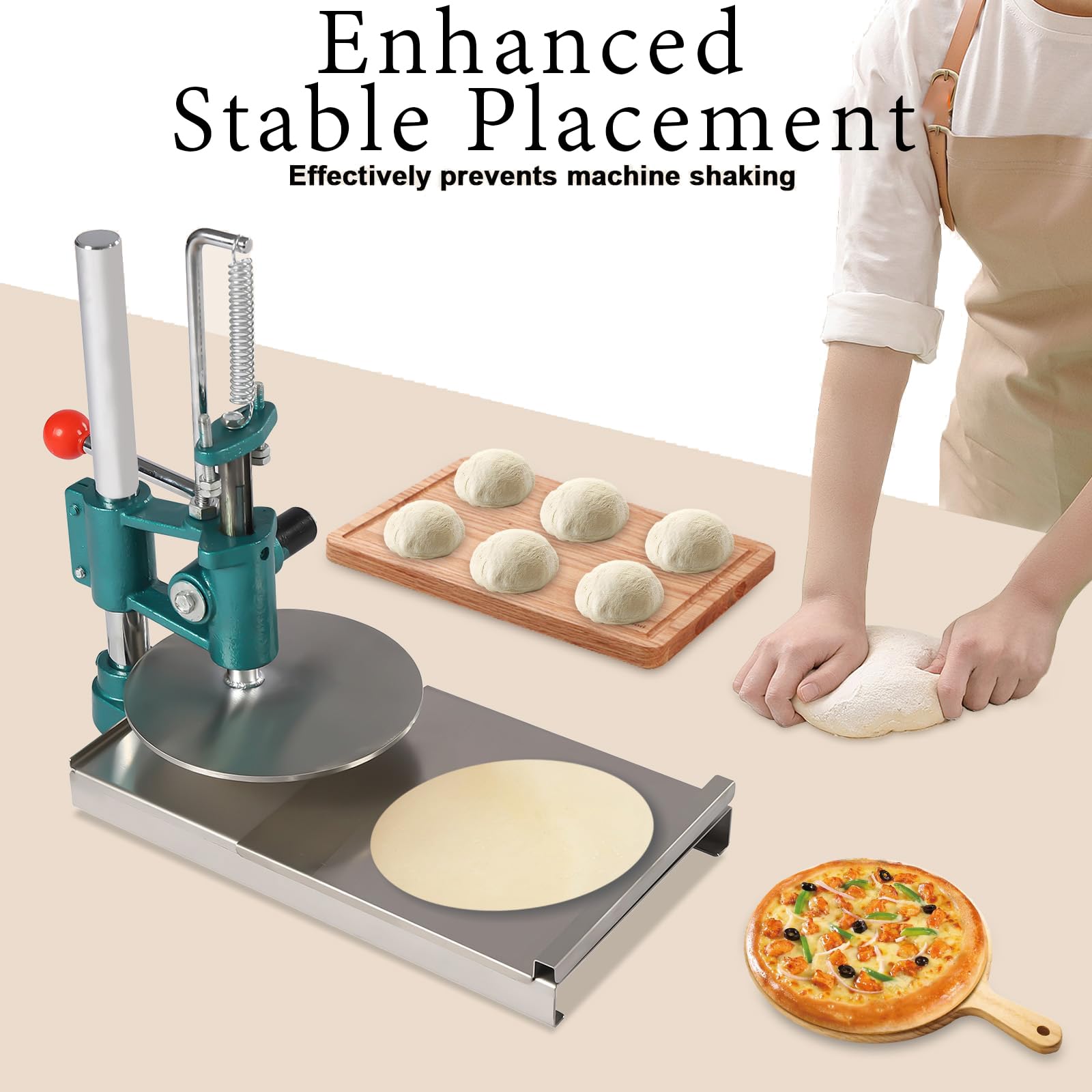 Macchina per impasto per pizza, 20 cm, con piastra di pressione regolabile, resistente per focacce, tortillas, empanadas e pasticceria, facile da usare