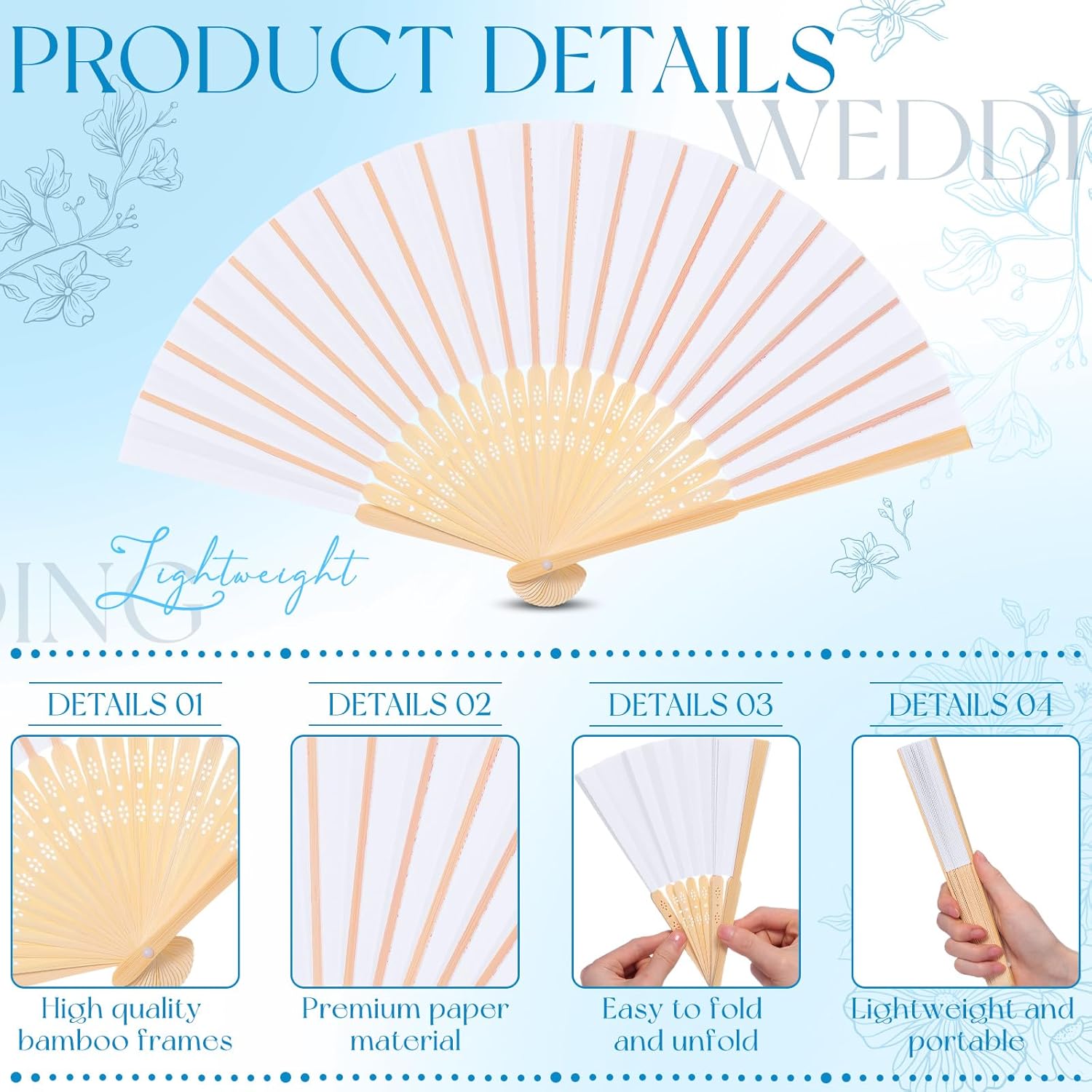 Beeveer 24 Pcs Paper Folding Hand Fans Bulk, 8.3 Inch Handheld Bamboo Multicolored Paper Fans with 3.3 Inch Premade Twist Tie Bows for Summer Party Favors Wedding Gift DIY Decoration(Blue Series)