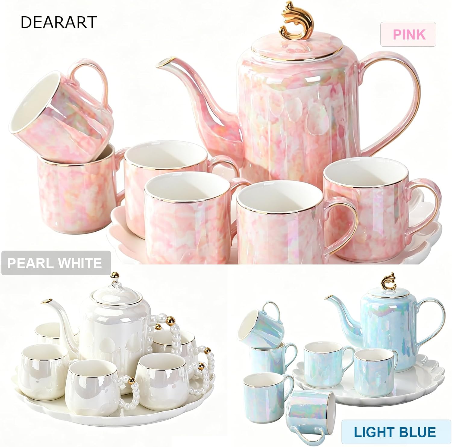 DEARART Luxury Pearl Ceramic Tea Set, 1 Teapot & 6 Cups with Serving Tray, Gold Rim Beaded Handle Porcelain Coffee Tea Service Set, Elegant White Tea Cup Set for Home Kitchen, Afternoon Tea etc