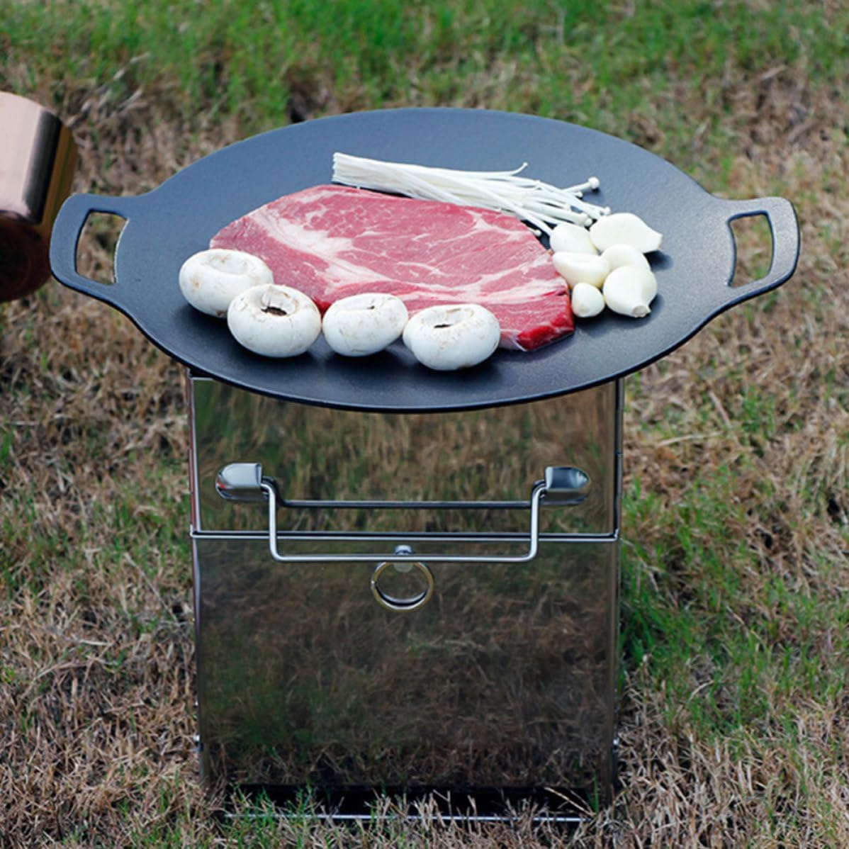 Hemobllo Cast Iron Korean Barbeque Grill Pan for Camping Outdoor Cooking
