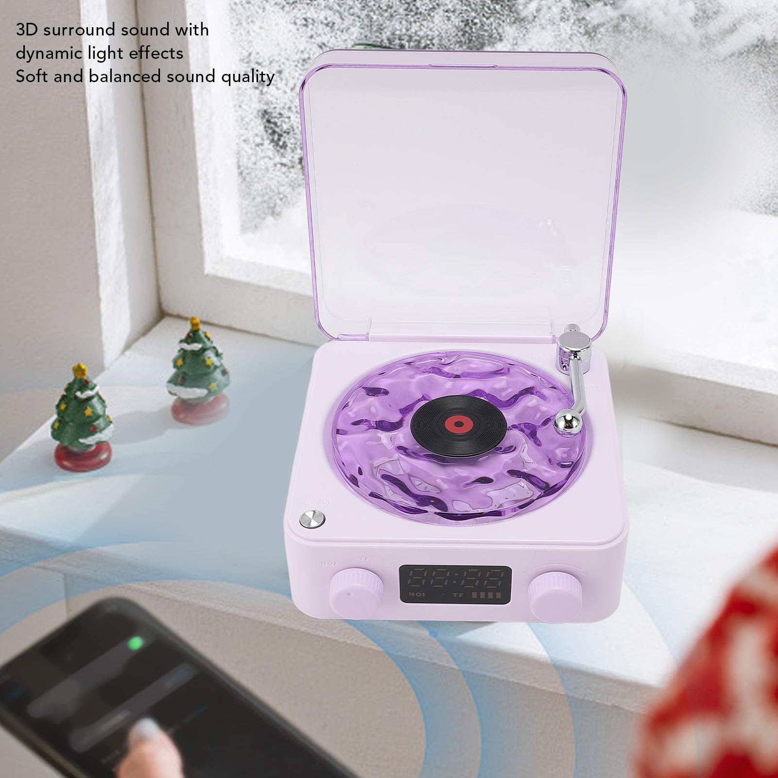 Waves Tourne-Disque Vintage, Le Lecteur Waves avec Veilleuse et Affichage de L'heure, Haut-Parleur Bluetooth Vintage, Lecteur CD Stéréo Portable pour Chambre à Coucher, Bureau,