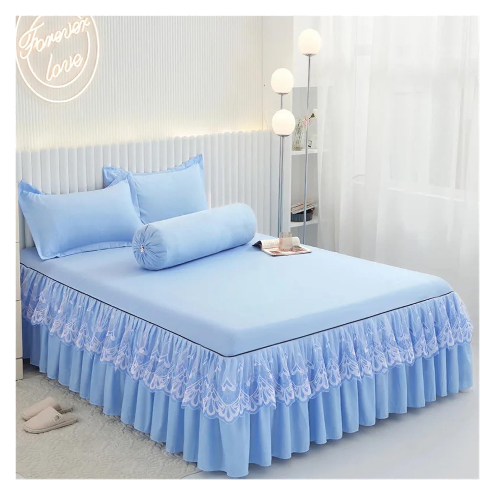 Ruffles Bed Skirt with Pillowcase Solid Mattress Cover Bedclothes Fitted Bed Sheet Single Double Size Home Textile(Blue,180x200cm-3pc)