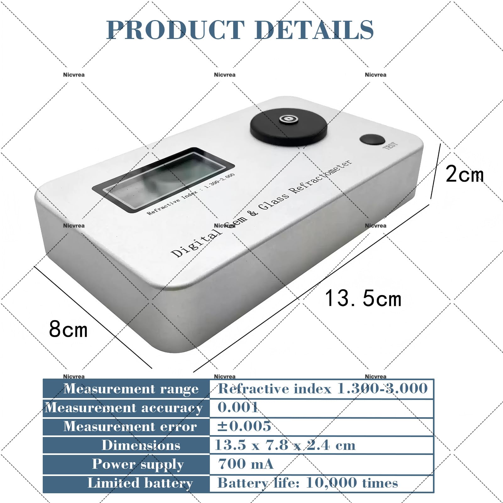 Probador de diamante refractómetro de gema, índice de refracción 1.300-3.000, precisión de medición 0.001, pantalla LCD, error de medición ± 0.005 para varias piedras preciosas