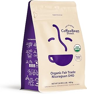Coffee Bean Direct Organic Fair Trade Nicaraguan SHG, Whole Bean Coffee, Light Roast, 1 Pound Bag (Pack of 1)