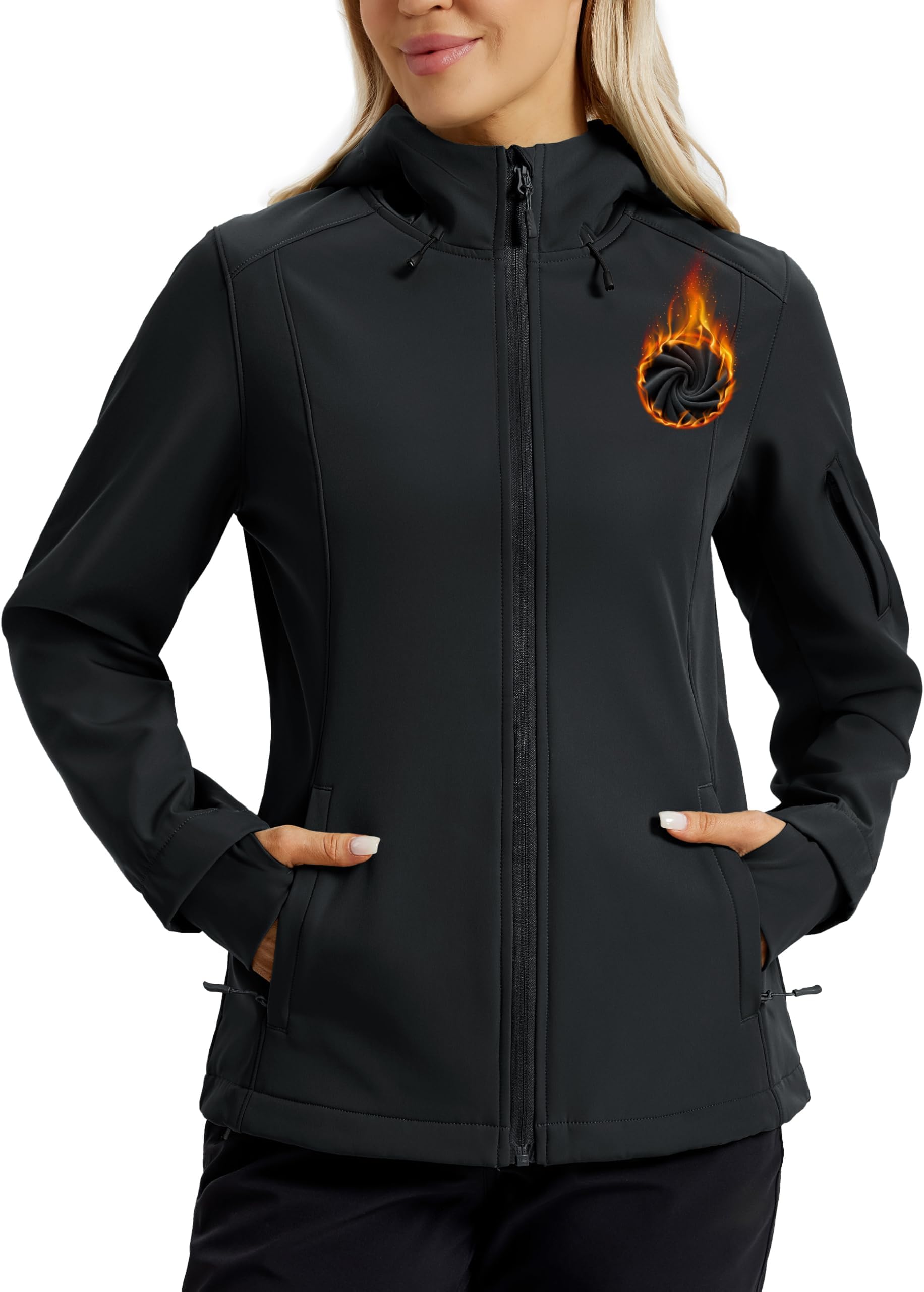 Women's Waterproof Softshell Jacket with Hood Fleece Lined Warm Light Raincoat for Outdoor Hiking