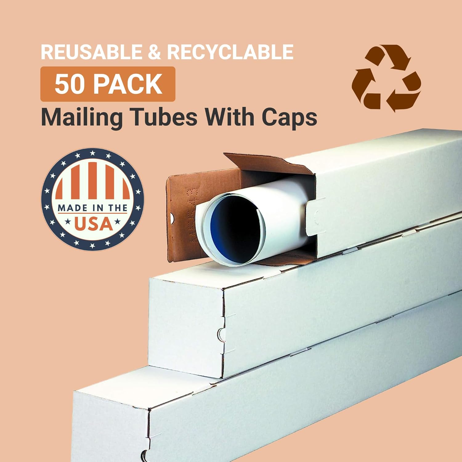 BOX USA Cardboard Tubes with Caps, 25"L x 2"W x 2"H, Pack of 50 | Poster Tube for Mailing and Storage of Blueprints, Artwork, Crafts, Long Art Holder, 25 inches