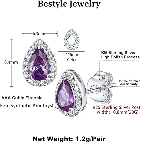 Miniatura 6 de Bestyle Sparkling 925 Sterling Silver Birthstone Stud Earrings for Women, HeartRoundTeardropSquare Crystal Solitaire Diamond Studs Halo Earrings,