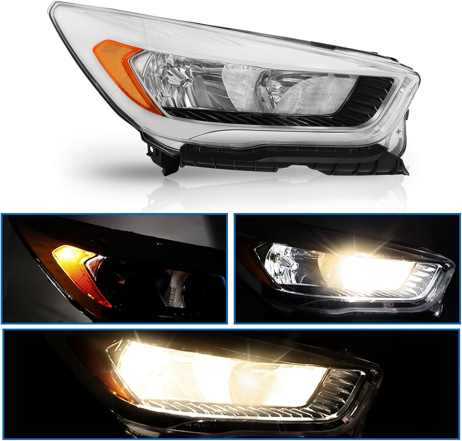 Headlight Assembly Fit For 2017 2018 2019 Ford Escape 17 18 19 Ford Escape Headlamp (Chrome Housing Amber Reflector - R)