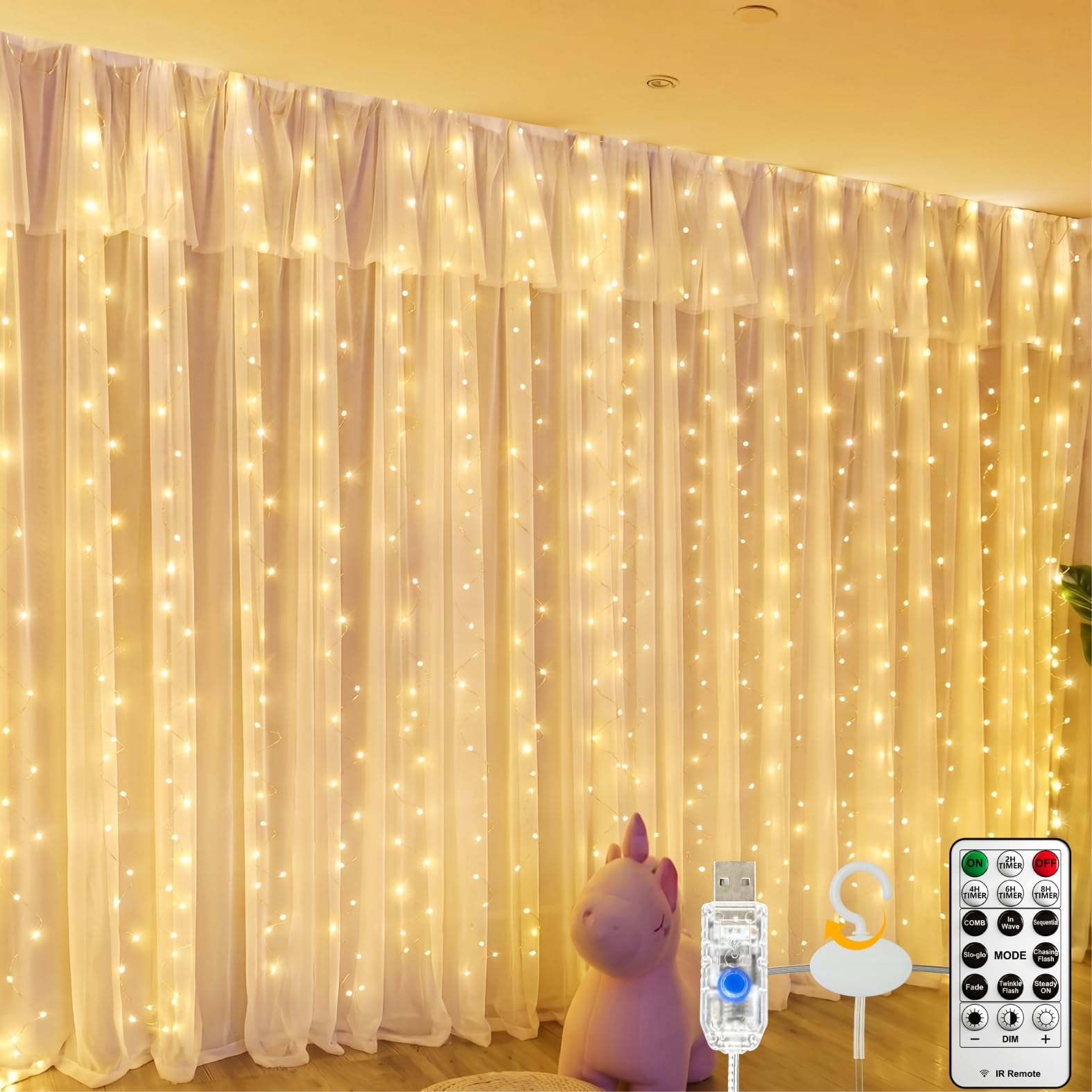 Fairy Curtain Light, 300LED 9.8x9.8ft, Remote & 8 Modes, USB