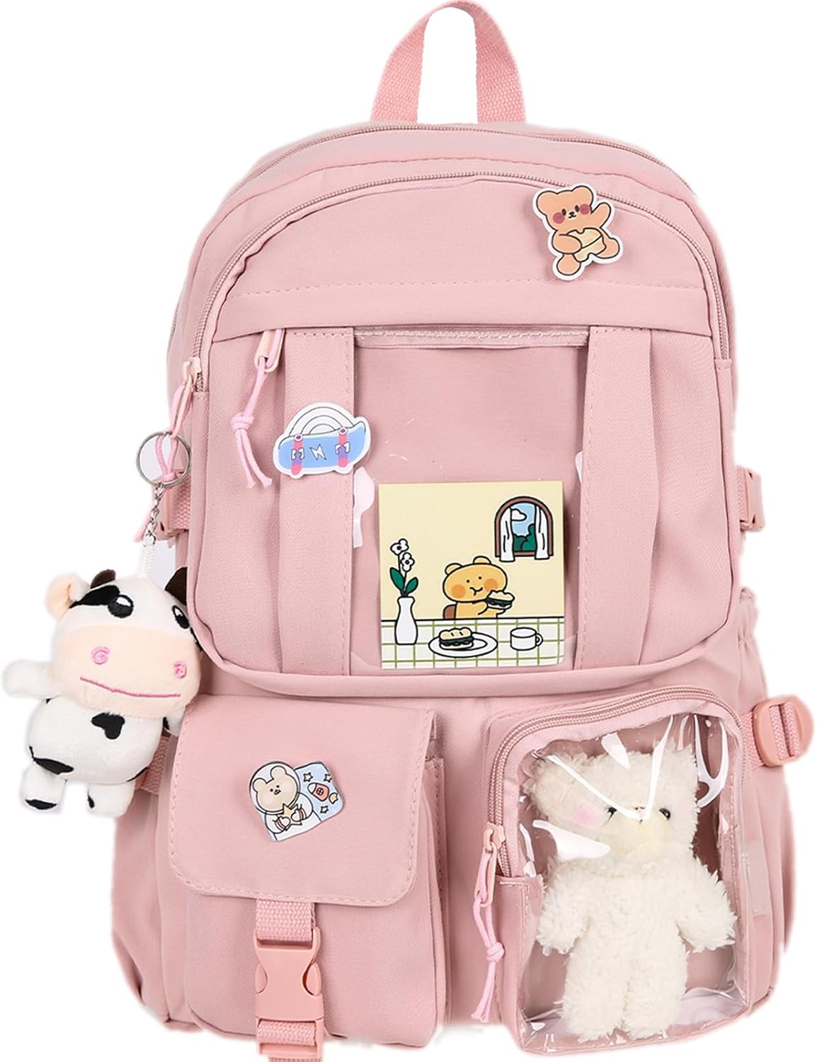 Kawaii Backpack with Cute Bear Plush Kawaii Pin Accessories Large Capacity Aesthetic School Bags Cute Bookbag for Girls Teen Pink