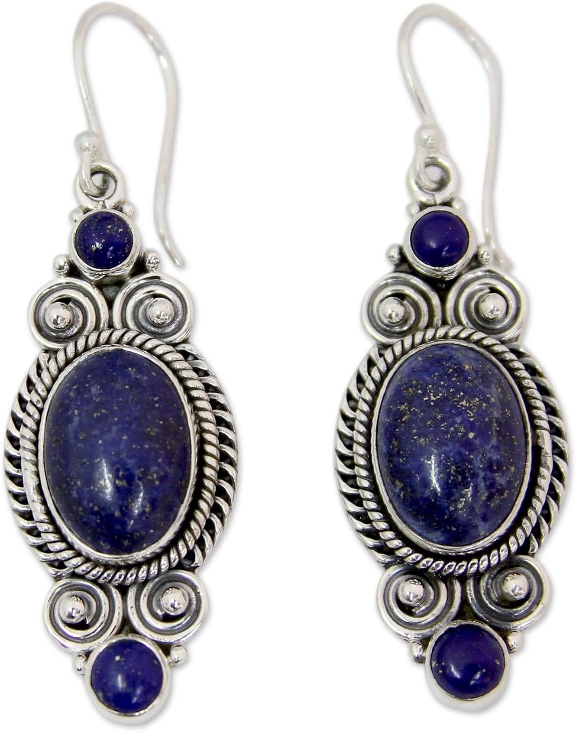 NOVICA Artisan Handmade Lapis Lazuli Dangle Earrings Ornate Sterling Silver with Blue India Snorkel Birthstone [2 in L x 0.6 in W x 0.3 in D] ' Johari Treasure'