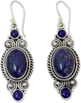 NOVICA Artisan Handmade Lapis Lazuli Dangle Earrings Ornate Sterling Silver with Blue India Snorkel Birthstone [2 in L x 0.6 in W x 0.3 in D] Johari Treasure