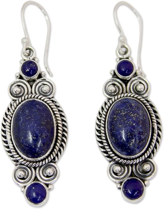 NOVICA Artisan Handmade Lapis Lazuli Dangle Earrings Ornate Sterling Silver with Blue India Snorkel Birthstone [2 in L x 0.6 in W x 0.3 in D] ' Johari Treasure'