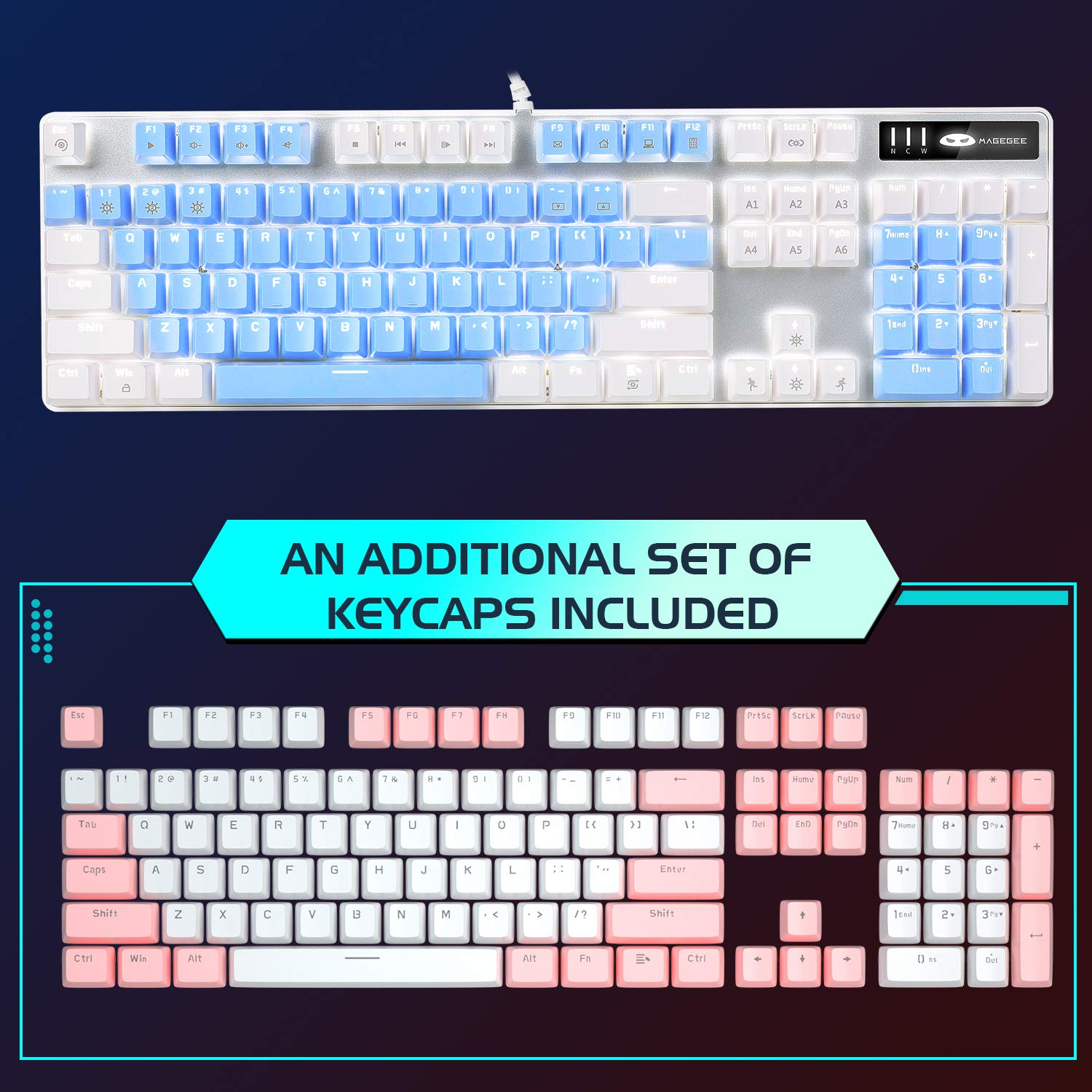 MageGee Tastiera meccanica da gioco, 104 tasti, tastiera meccanica retroilluminata bianca, con interruttori rossi e tasti a doppio scatto, tastiera ergonomica cablata per computer desktop, PC gamers