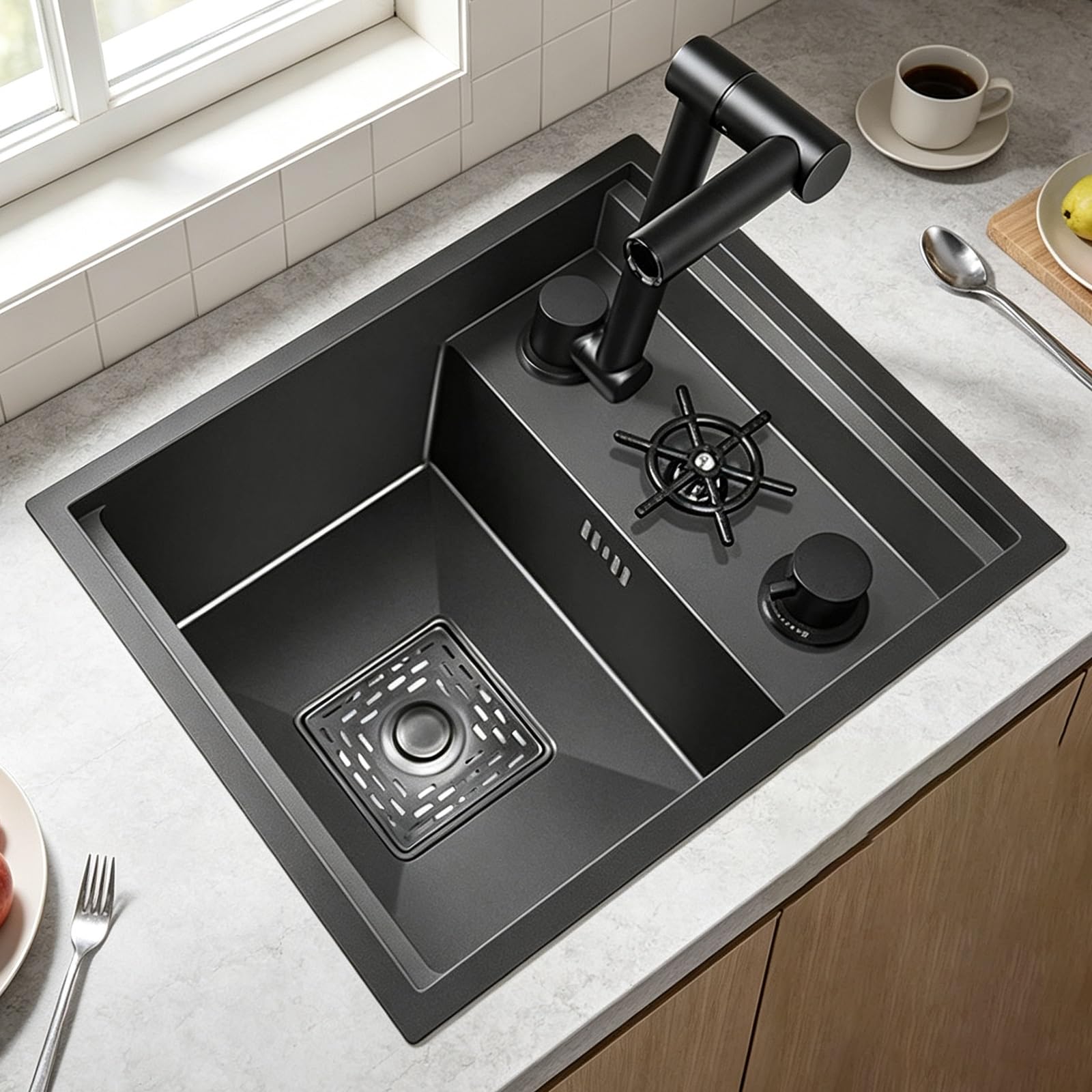Whsmke Black Steel Kitchen Stainless Steel Rv Bar Sink With Foldable Faucet Cover Small Space