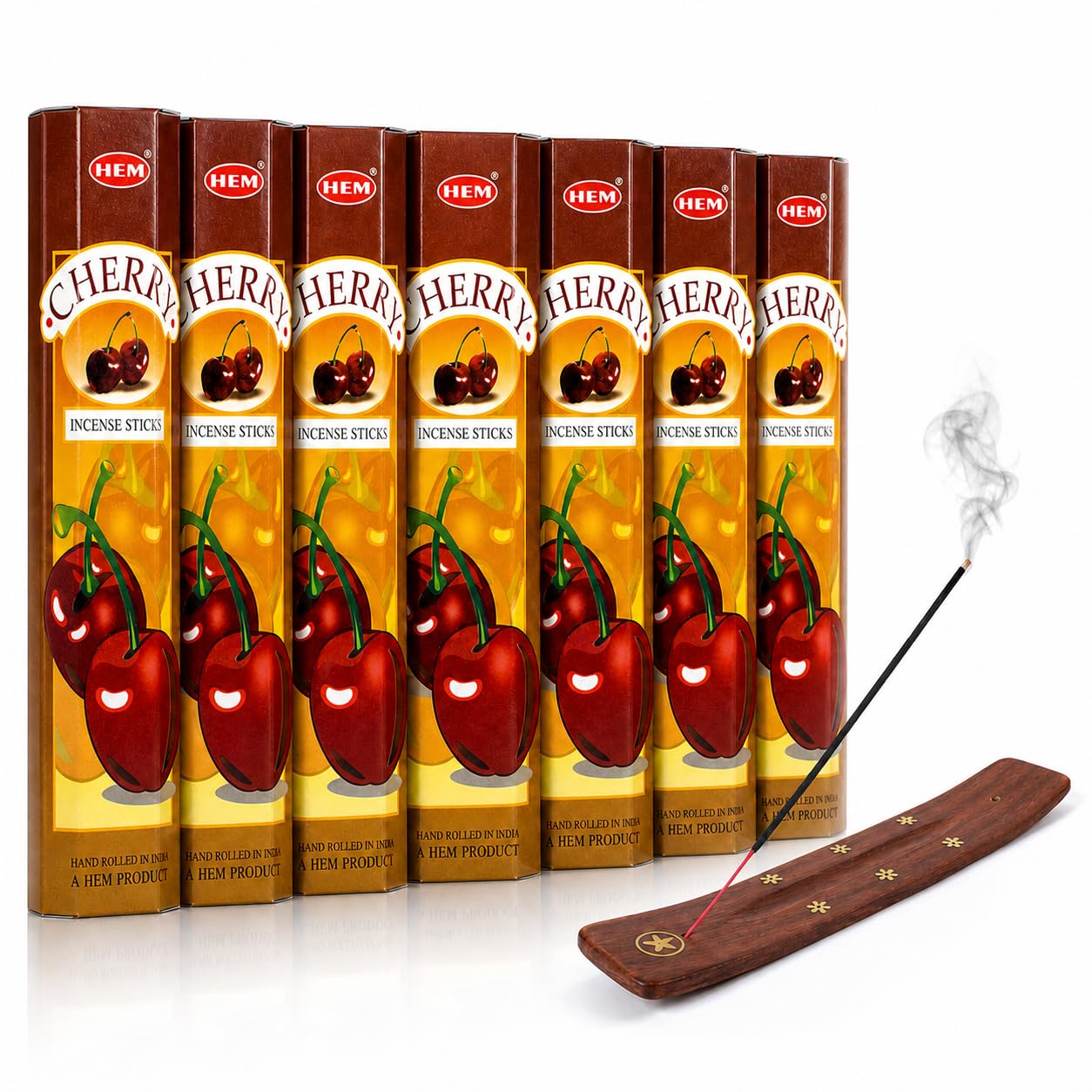 HEM Cherry Incense Sticks 120 Pack with Wooden Burner – 6 x 20 Hand Rolled Fragrance Sticks – Sweet Fruity Aroma for Home, Relaxation, Meditation, Yoga, Odour Freshening