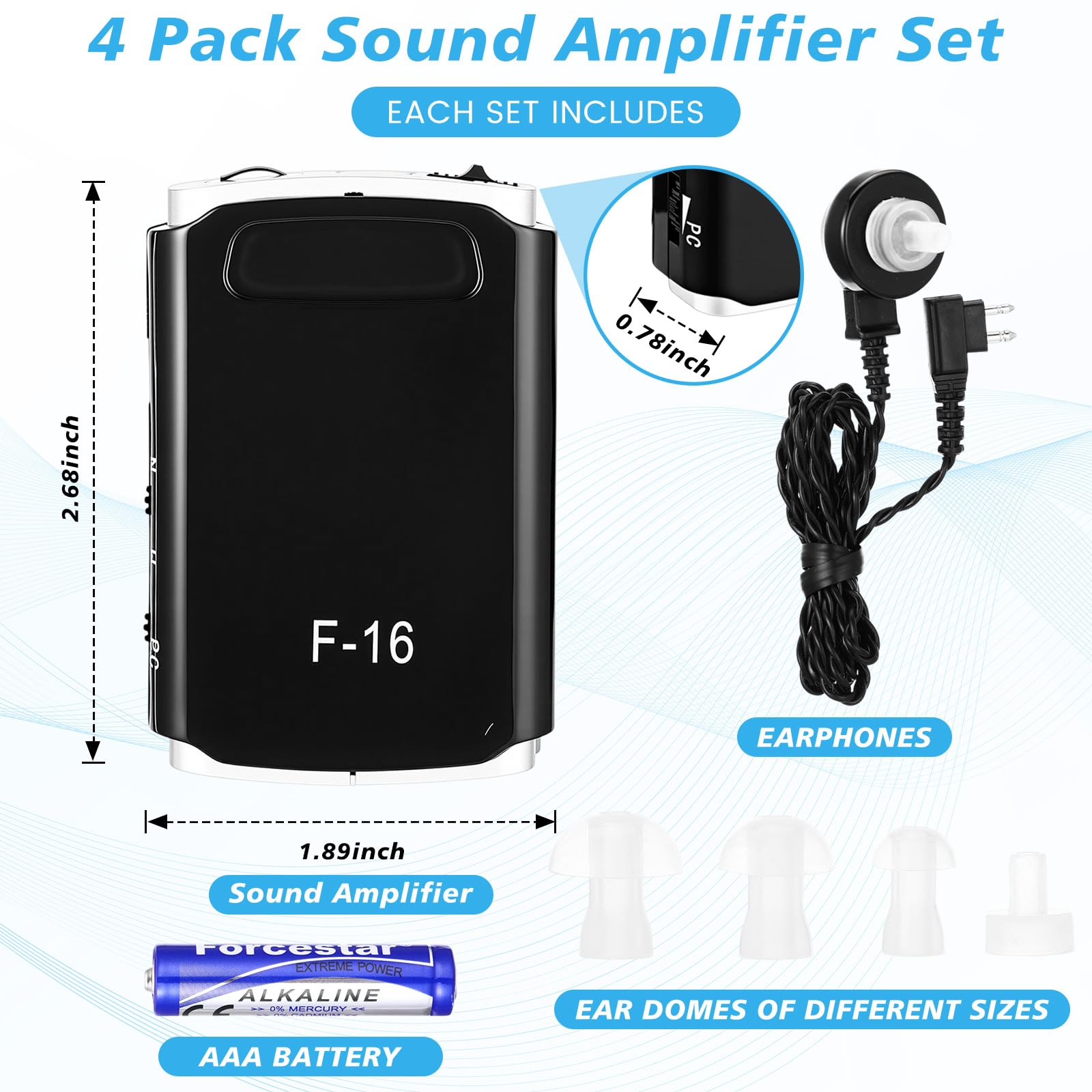 Geiserailie Paquete de 4 amplificadores auditivos personales, amplificador de sonido, dispositivo de mejora de la audición de voz con 8 niveles de volumen y auriculares para personas mayores, ganancia