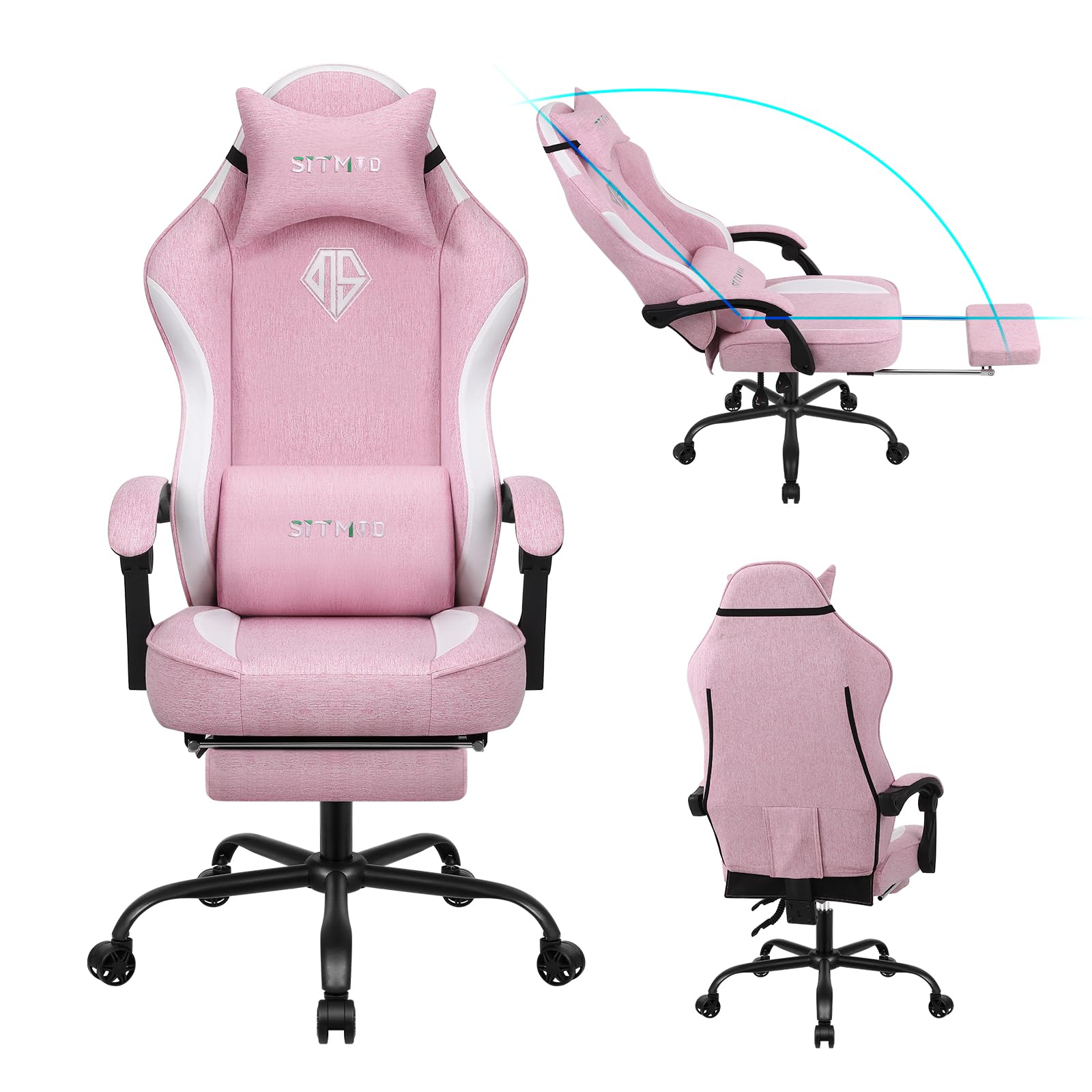 SITMOD Gaming Chairs Ergonomics High Back Armrests Footchairs 150° Pollos Adjustable eSports Fabric Office Chair - Pink