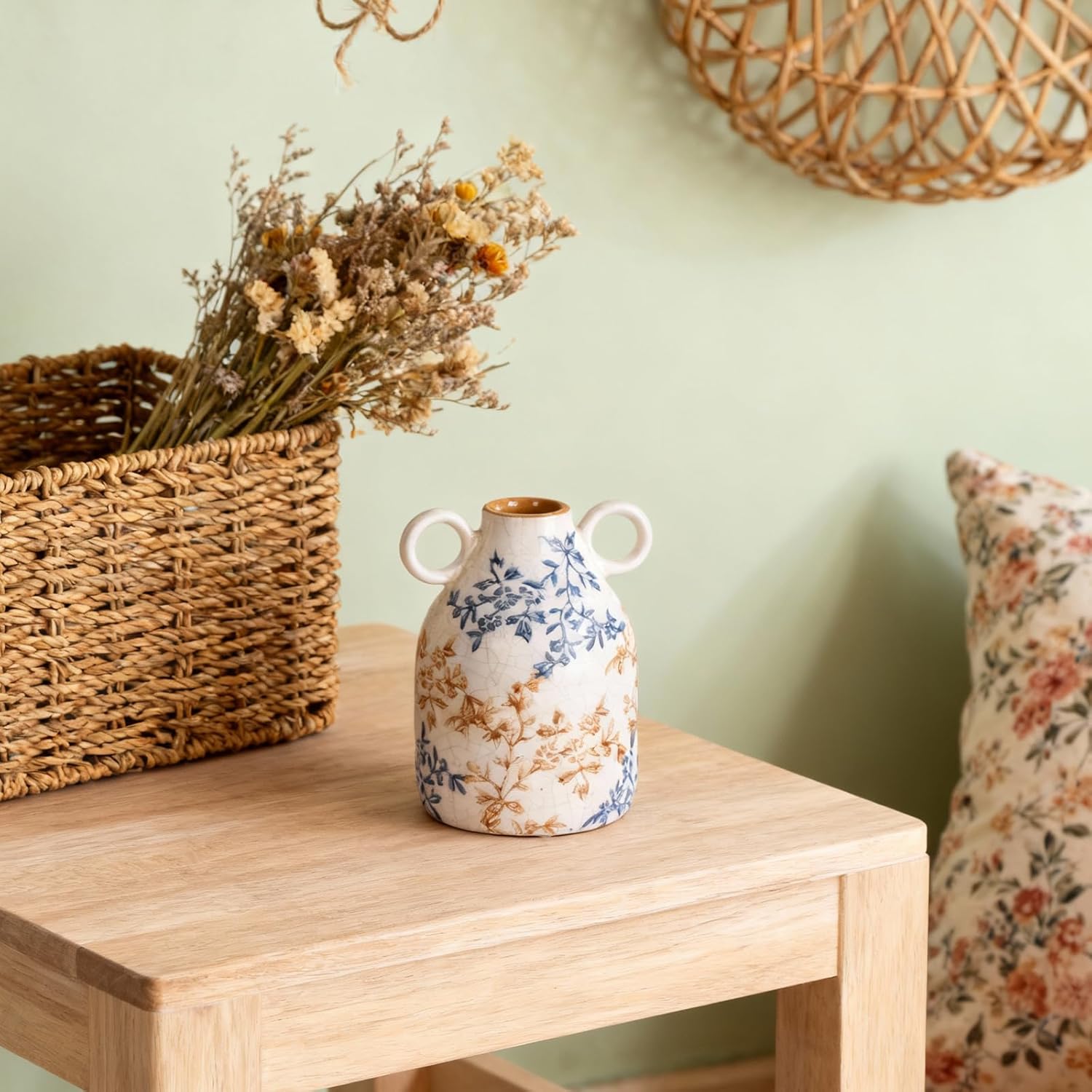 Vintage Blue Floral Ceramic Vase with Handles – French Country Crackle Glaze Jug Flower Vase for Farmhouse Living Room, Dining Table Centerpiece, or Bedroom Decor (Blue Floral)