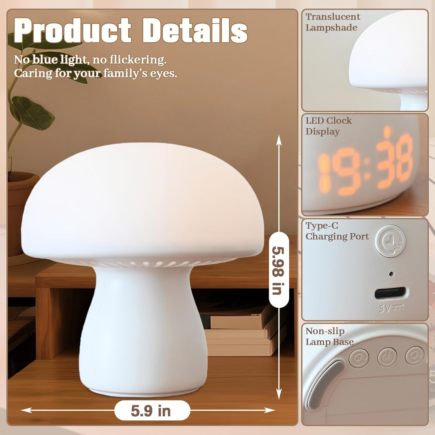 Mushroom Lamp, 3 Colors Mushroom Night Light with Clock, Cordless Touch Dimming Bedside Table Lamp with Timer & Remote, Rechargeable Portable LED Lamp for Kids Adults Room (White)