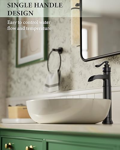Miniatura 3 de Homevacious Grifo de baño de cascada negro mate, grifos de fregadero de una sola manija, 1 agujero de latón para lavabo de granja con grifo