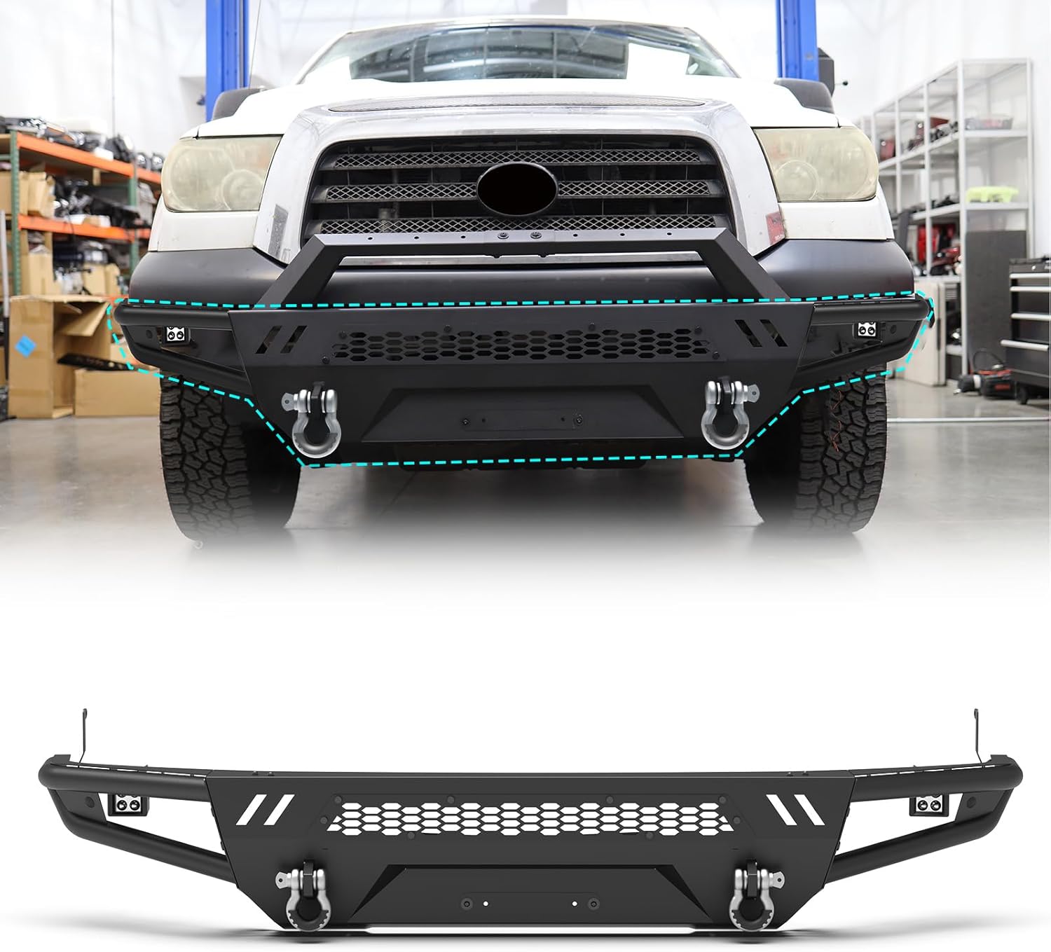 WOLFSTORM Steel Front Bumper Fit for Toyota Tundra 2007-2013 with Type B Side Wings Cover, Heavy Duty Front Bumper with Micro Texture Black & Silver Powder Coat for Waterproof and Rustproof