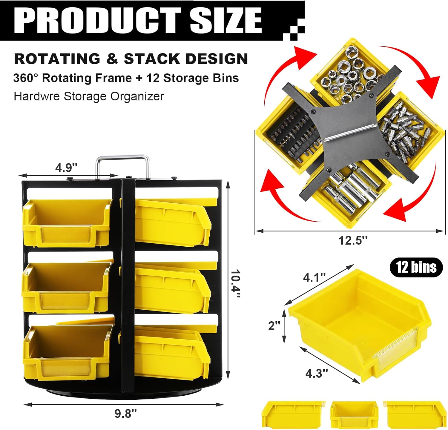 Geelin 12 Bins Rotating Storage Bins Tool Organizer 3 Tiers Hardware Crafts Small Parts, Nuts and Bolts, Revolving Storage for Workshop, Shed, Garage, Home (Yellow)
