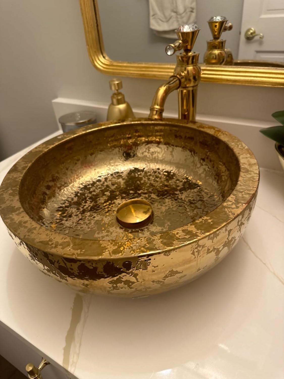 Gold Vessel Sinks Bowl Luxury Gold Glazed Ceramic Vanity Top Sink for Restroom Bathroom Bar Dia.16.4"Size