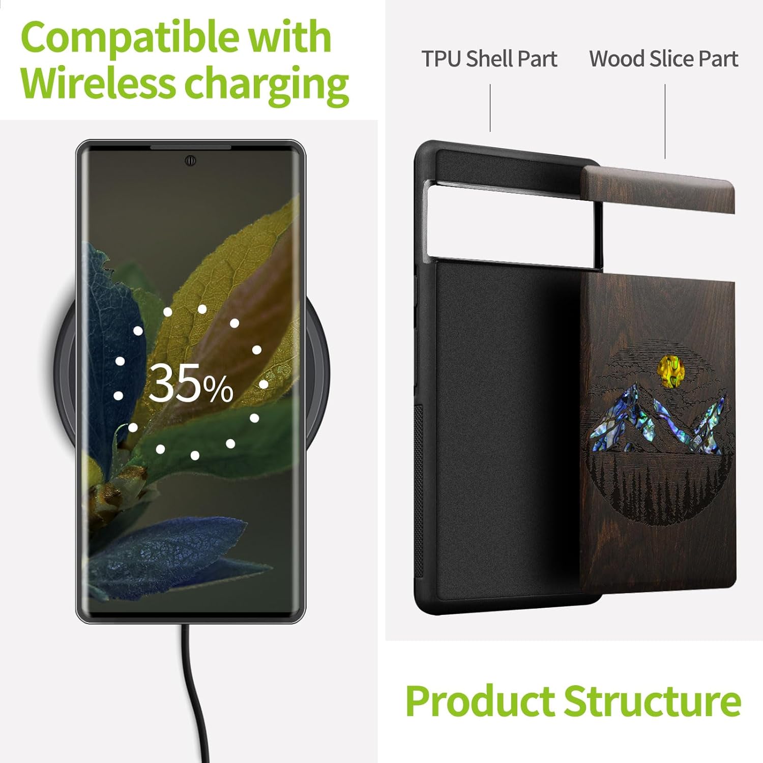 Carveit Designer Wooden Case for Google Pixel 8 Case Protective Cover [Wood Engraving & Shell Inlay] Compatible with Wireless Chargers Pixel 8 (Alpine Lakes-Blackwood)