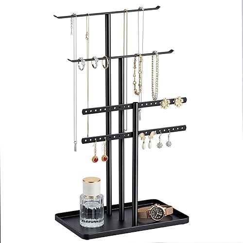 Jewelry Stand Organizer Black - 37CM Tall Sturdy Metal, 3-Tier Jewelry Holder for Necklace, Earring, Bracelet, Ring - Black - 37CM