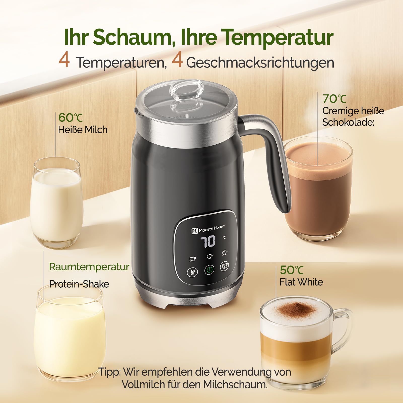 Maestri House Milchaufschäumer Elektrisch 4-in-1 14.1OZ/400ML Milchaufschäumer Smart-Touch-Steuerung Schaum Maker, Memory Funktion für Latte, Cappuccino, Warme Milch, Heiße Schokolade,DualFro 400