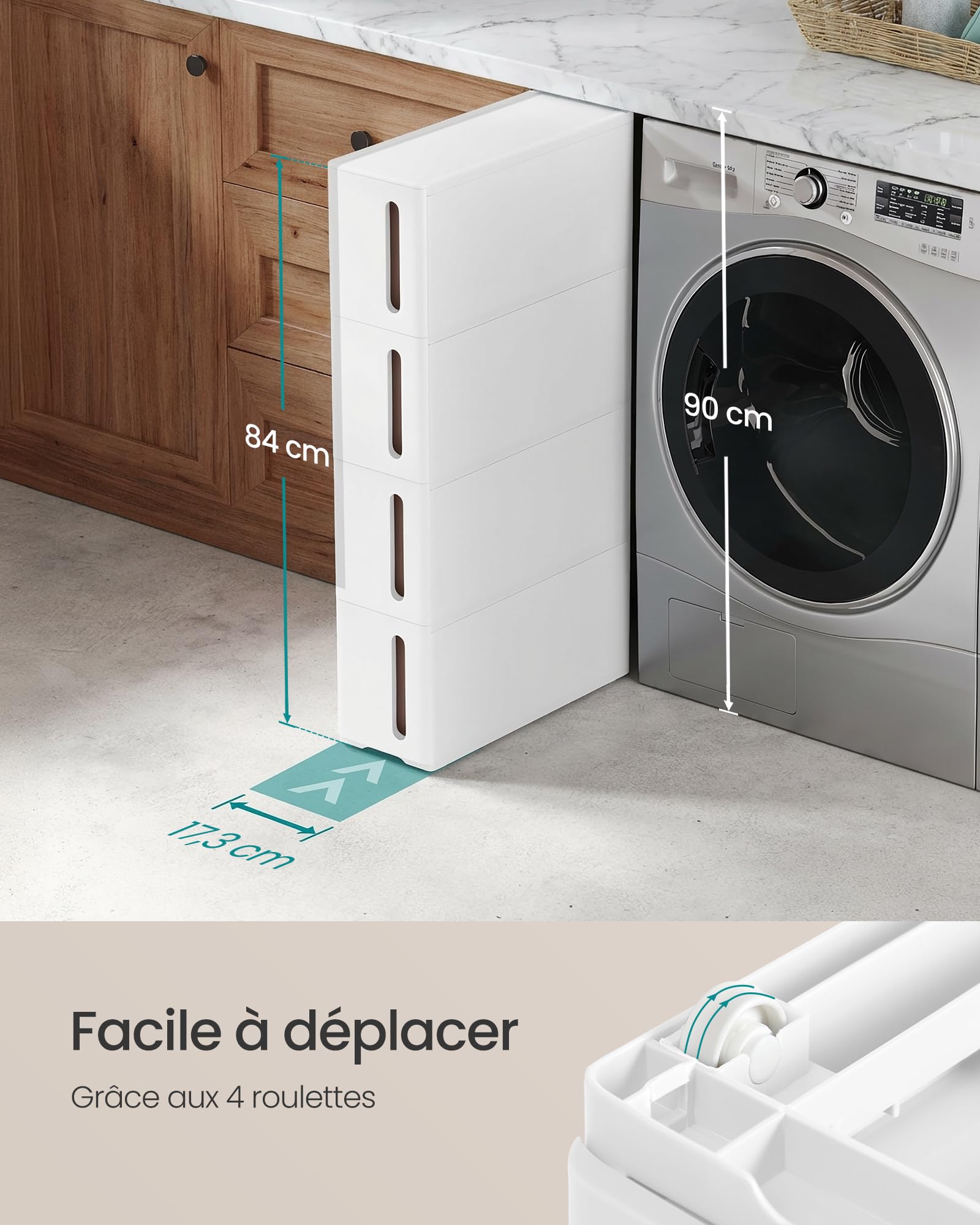 SONGMICS Étagère de Rangement à Roulettes pour Petits Espaces, Chariot Roulant avec 4 Tiroirs, Largeur 17,3 cm, Fin, Salle de Bain, Cuisine, Plastique PP, 45,2 x 17,3 x 84 cm, Blanc et Marron KFR08WT