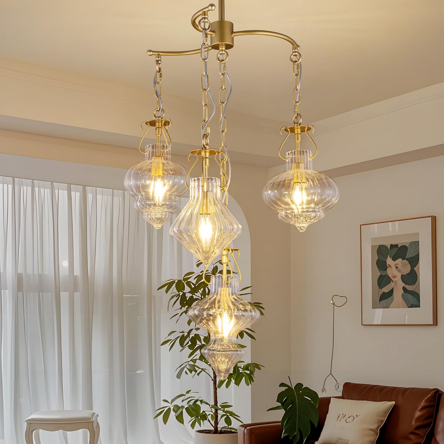 TOCHIC Modern Glass Pendant Light, 4 Light Gold Cluster Pendant Chandelier with Clear Ribbed Glass, Adjustable Hanging Light Fixture for Dining Room, Kitchen Island, Bedroom, Foyer