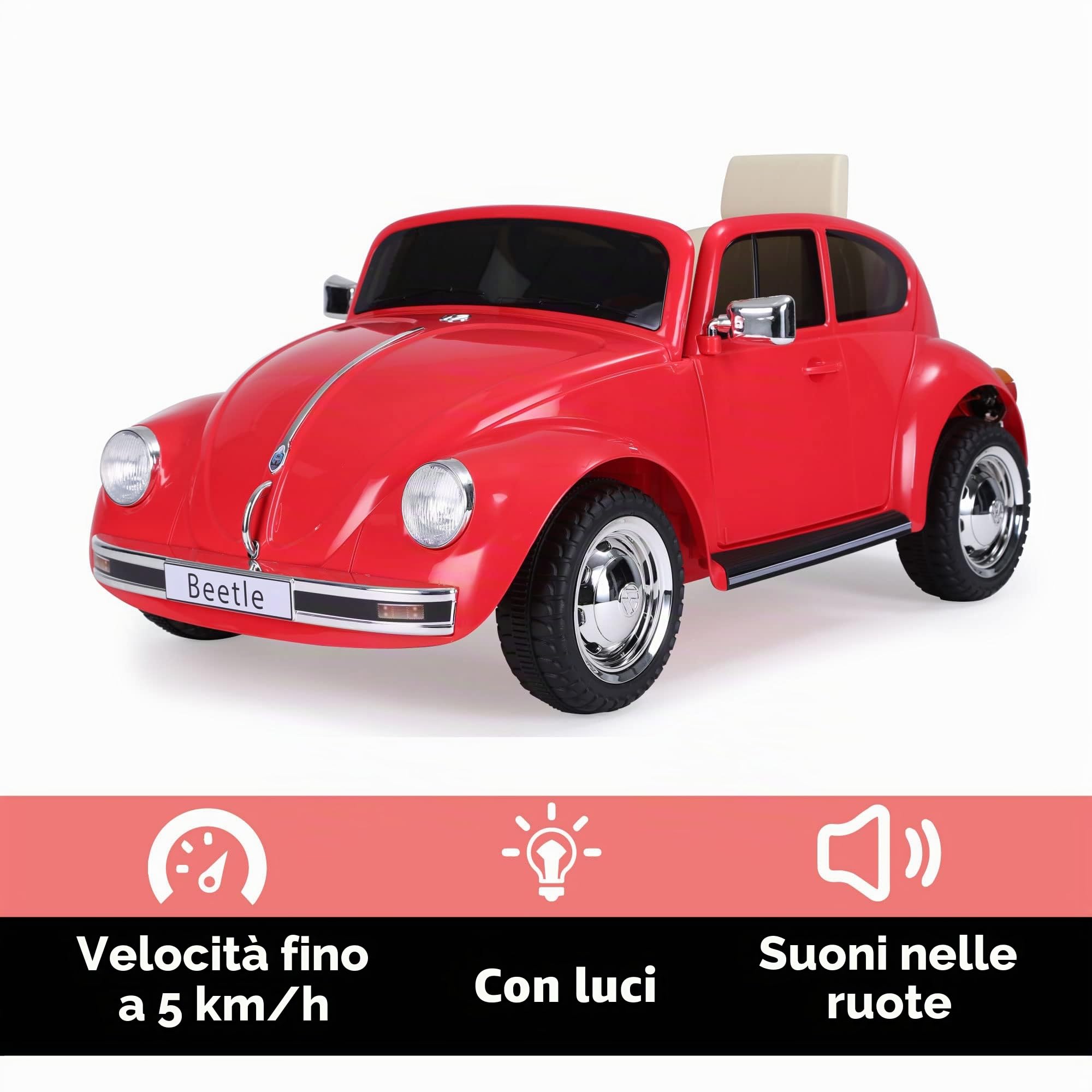 FEBER Maggiolino rosso 12V, auto elettrica, radiocomando fari con luce, 2 marce, acceleratore e freno elettrici, da 3 anni, FAMOSA (800013448)