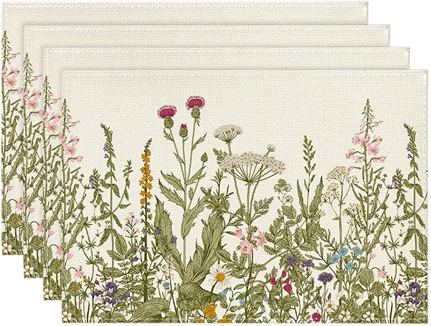 Artoid Mode Wildflowers Floral Spring Place Mats 12x18 Inch Set of 4 and Table Runner 13x72 Inch