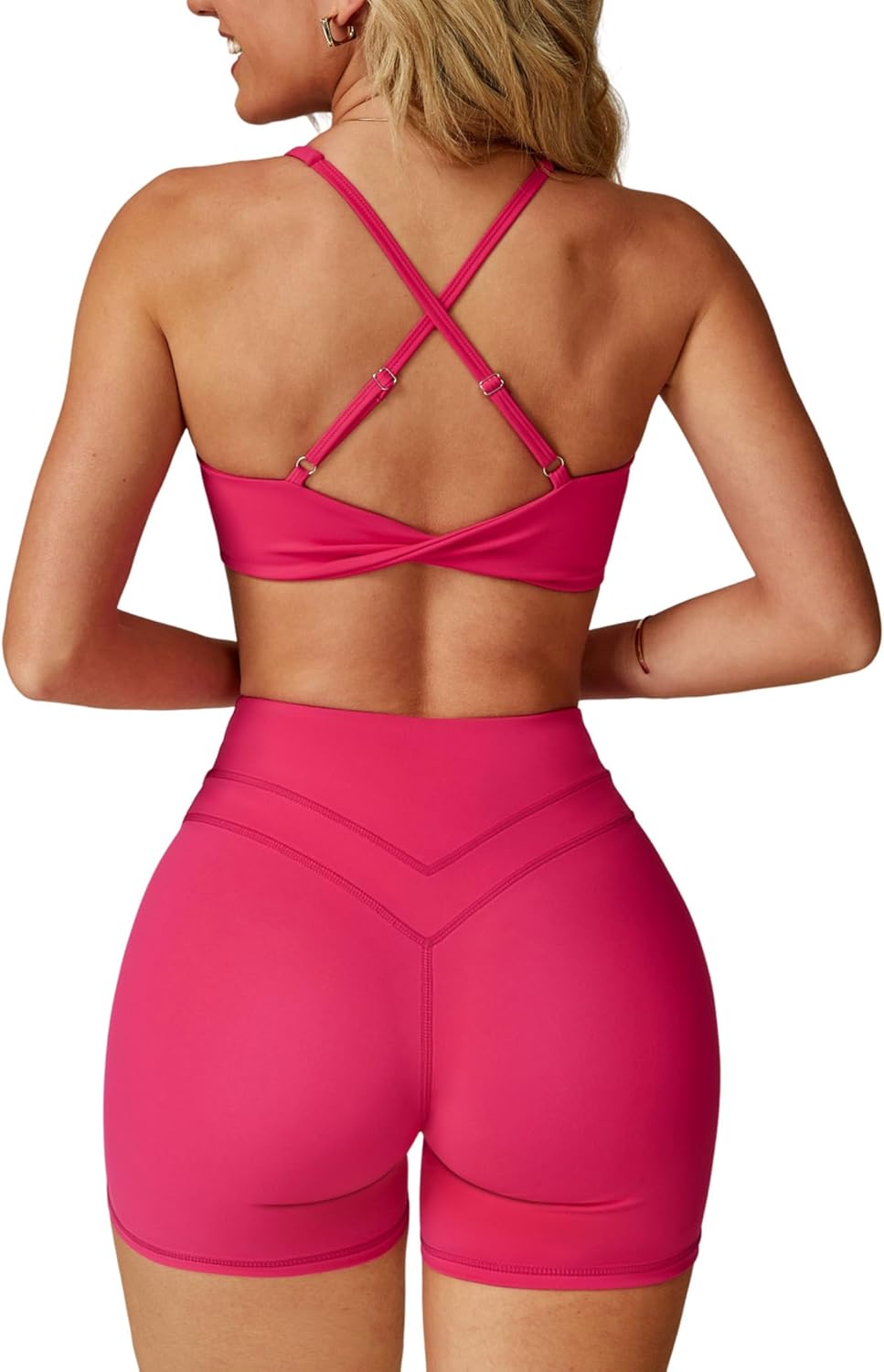 Womens Workout Sets Cross Back Sports Bras Matching High Waist Biker Shorts Yoga Jo...