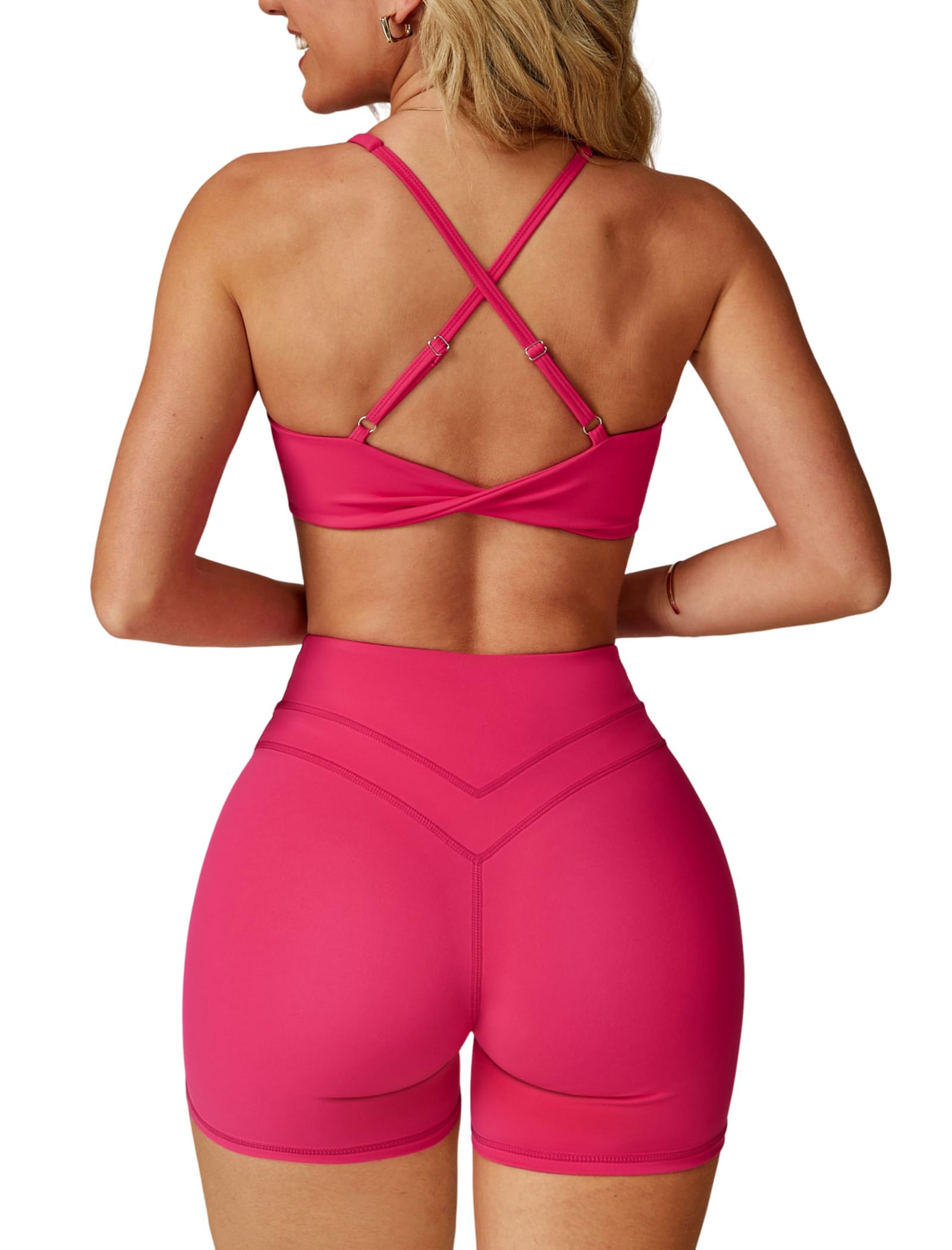 Womens Workout Sets Cross Back Sports Bras Matching High Waist Biker Shorts Yoga Jogger Outfits Work Out Clothes