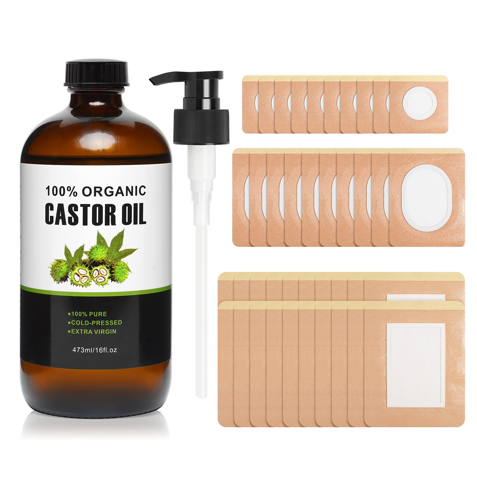 40Pcs Castor Oil Pack Wrap, Organic Cotton Castor Oil Patches and Castor Oils Organic Cold Pressed Unrefined Glass Bottle for Waist Knees Neck Belly Arms